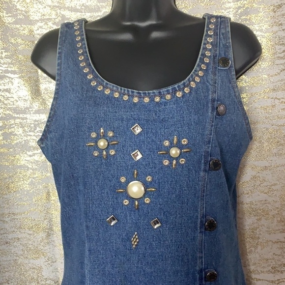 Vintage🧚♀️Junior Jean Los Angeles Gold Studded Denim Button Up Dress Size M - Picture 3 of 16